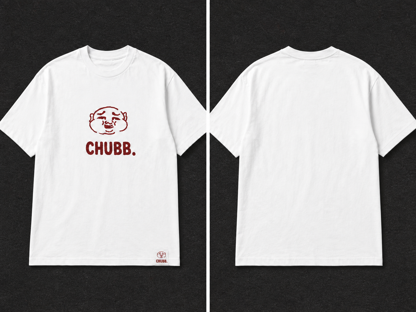 Front and back of the white CHUBB Logo T-Shirt on a charcoal studio background